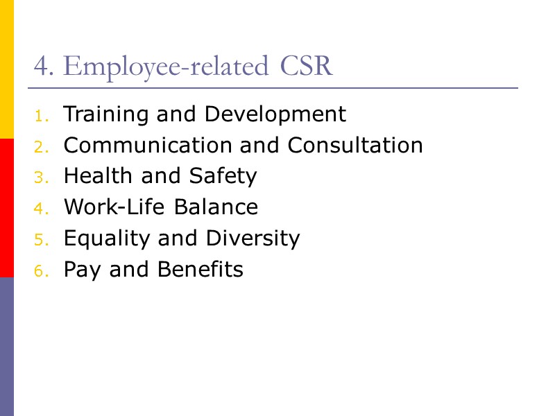 4. Employee-related CSR Training and Development Communication and Consultation Health and Safety  Work-Life
